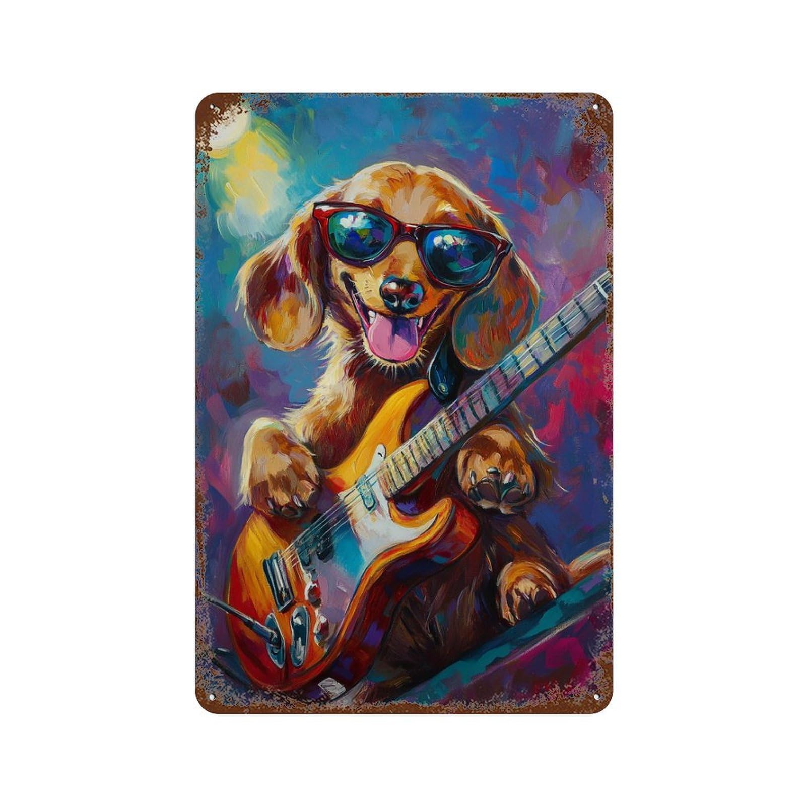 Rustic Tin Plaque Rock Star Dog Guitar Painting -2 11.8"x7.9", Vintage Wall Decor for Pub, Kitchen And Man Cave Decor