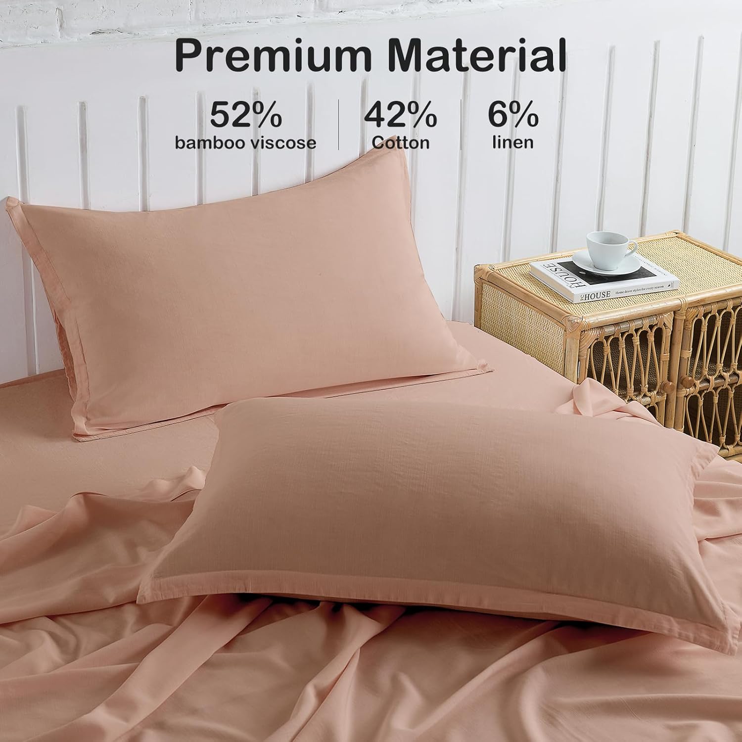 Dusty Pink Linen-Textured Bed Sheets Set, Bamboo Rayon , Cotton , Linen Blend Bed Sheets Queen Size, Soft Cool & Breathable for Hot Sleepers,Durable Natural Organic Bed 15'' Deep Pocket - 4 Piece - Image 3
