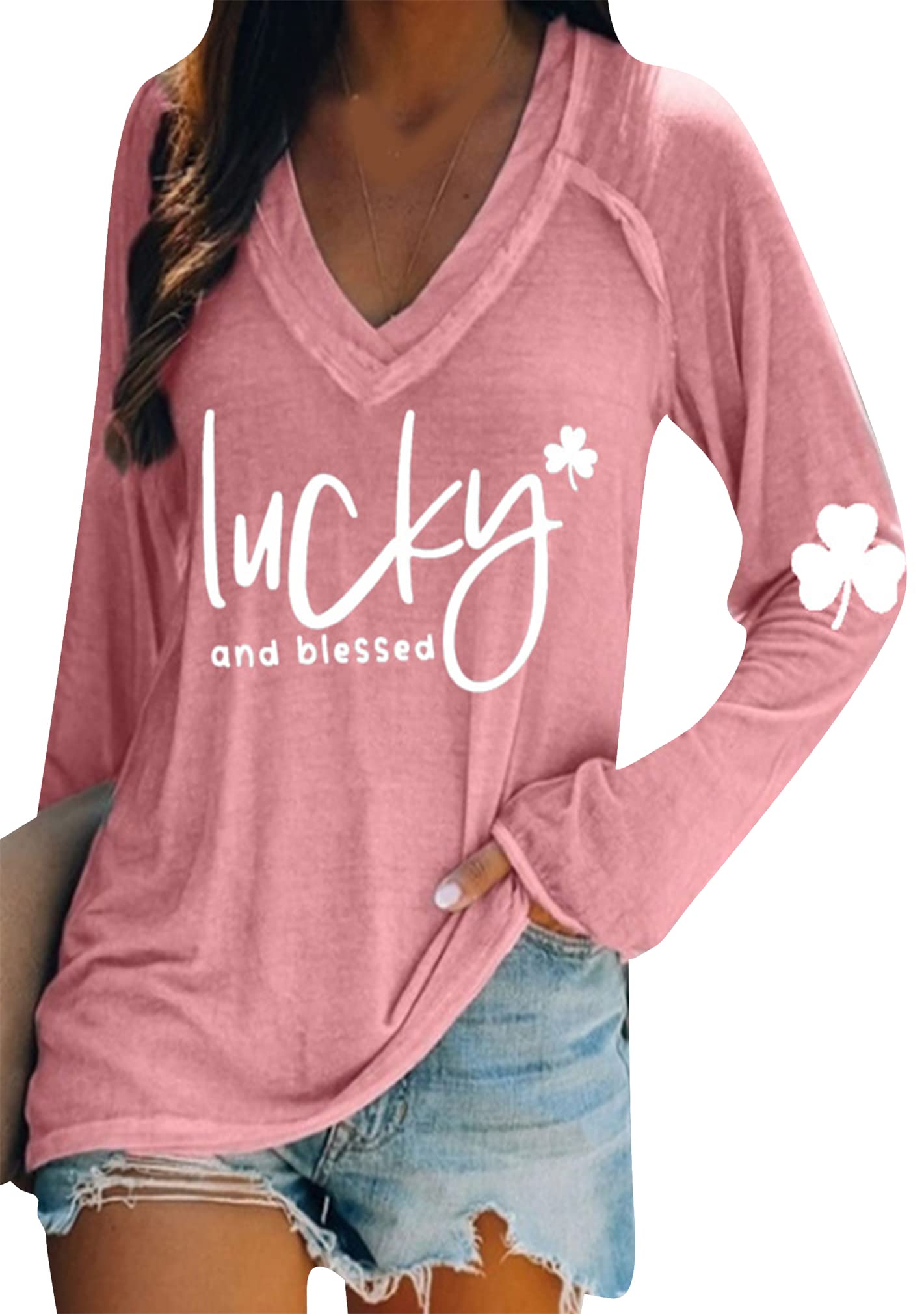 BOFETA Women St Patricks Day Sweatshirts Loose Long Sleeve Shirts Green Shamrock Print Blouse Flowy Color Block Pullover Tops