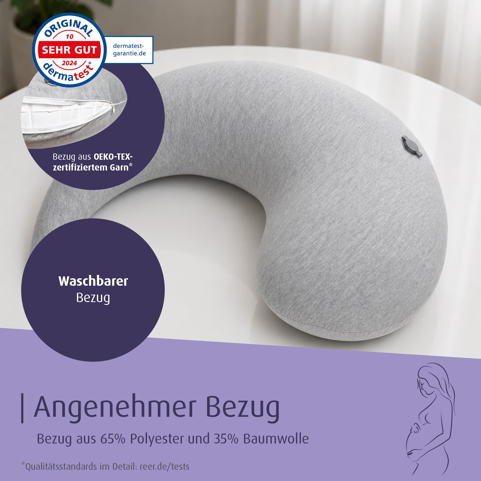 reer Stillkissen to Go, aufblasbares ergonomisches Reisestillkissen in Tropfenform, kleines Stillkissen für unterwegs, Abnehmbarer Bezug - Stillhilfe für Baby und Mama, Bezug dermatest geprüft, Grau