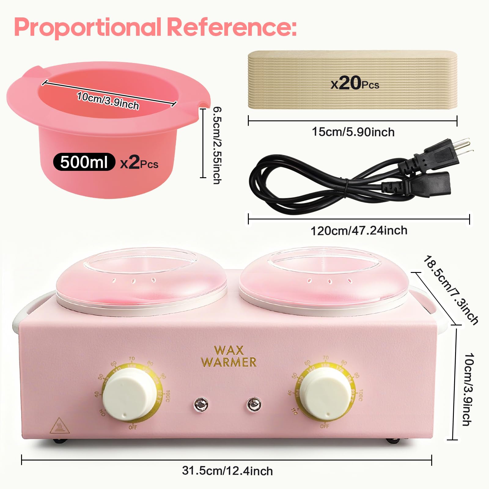 Calentador de cera para depilación, olla de cera doble | Calentador de cera profesional con cuencos de silicona y 20 palos de madera, temperatura ajustable, color rosa