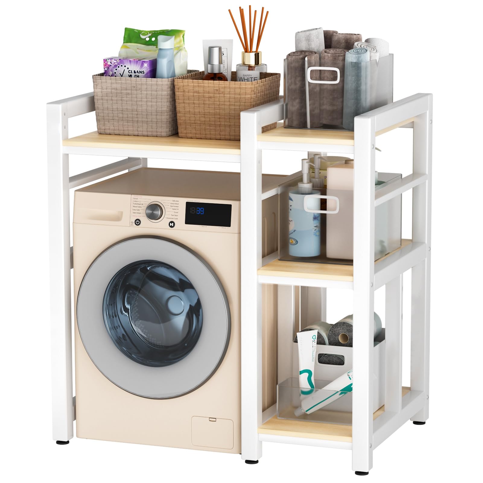 Washer Dryer Stacking Rack, Heavy Duty Over Washer Dryer Shelves with Side Storage, 3 Height Adjustable Washing Machine Stand, 300KG Capacity for Laundry Room Bathroom White