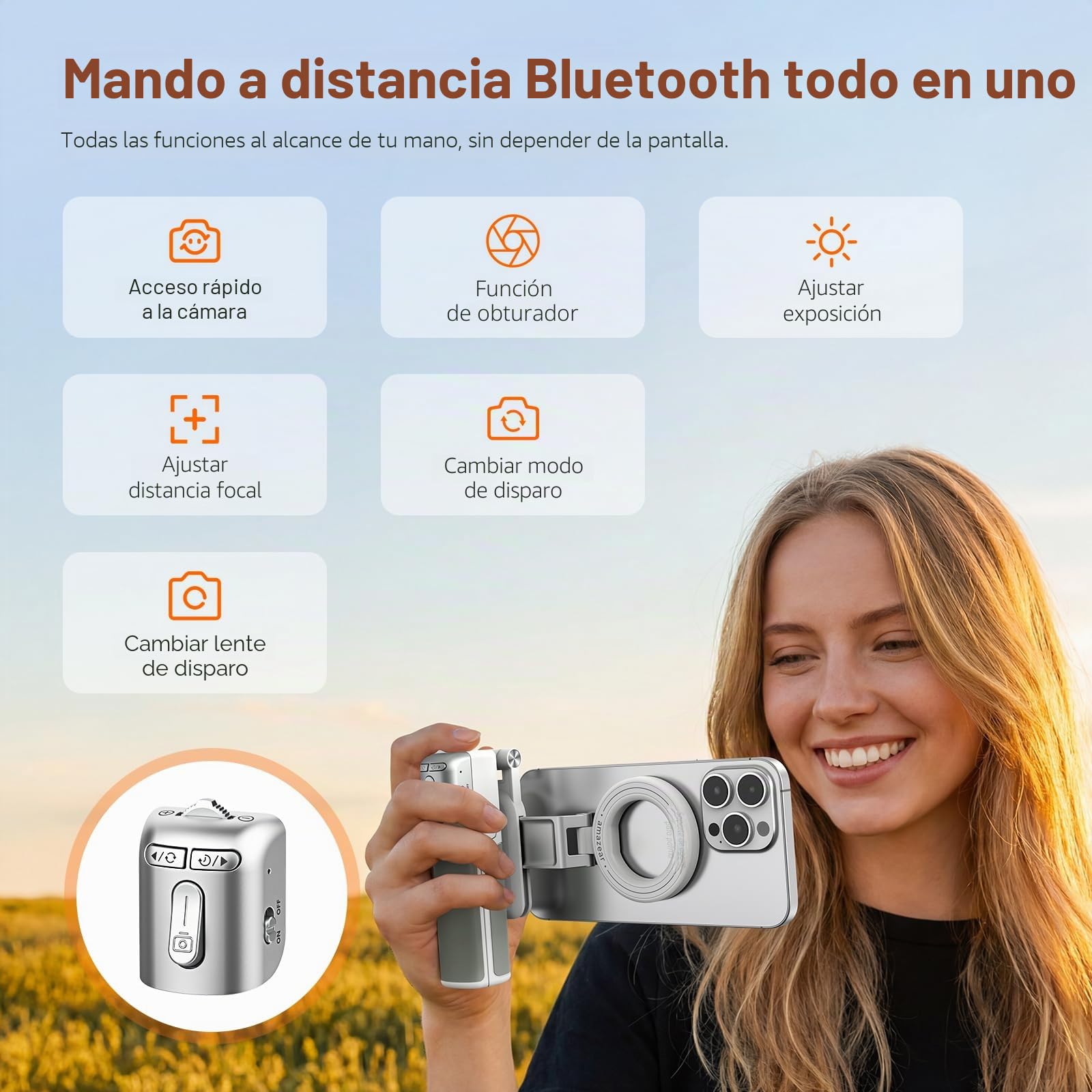 AMAZEAR Palo Selfie Tripode para Movil (4 en 1), Tripode para iPhone, Accesorios Selfie Stick para Móvil con botón de Disparo inalámbrico extraíble para iPhone 16 17 Pro MAX, Tripe Telemovel, Blanco