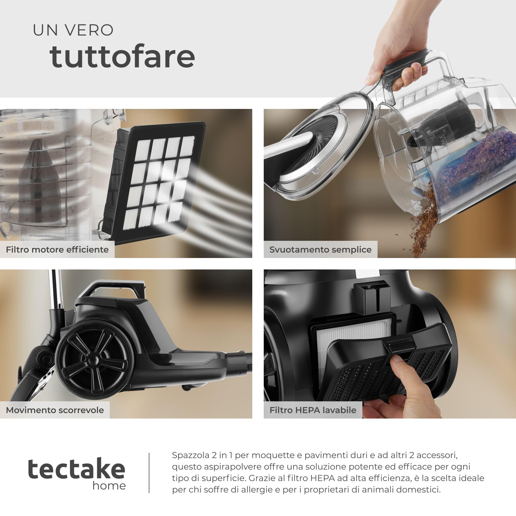 tectake® Aspirapolvere Senza Sacco 900 W, Capacità 3L, 79 dB, Aspiratore con Filtro HEPA XXL, Ideale per Pavimenti e Tappeti, Contenitore Grande per Polvere, Asta Telescopica, Accessori Inclusi