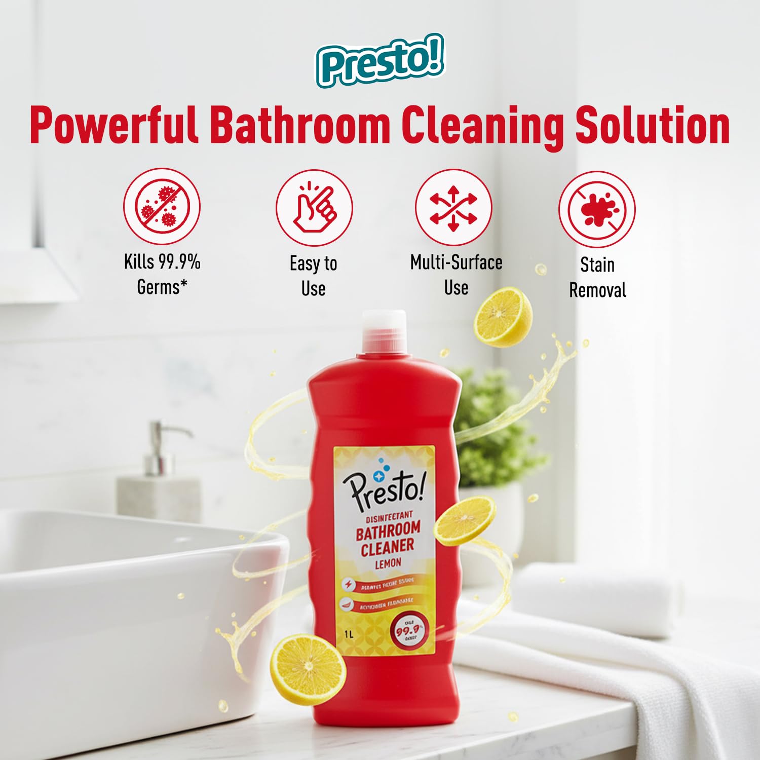 Amazon Brand - Presto! Bathroom Cleaner - 1 L (Lemon, Pack of 2)