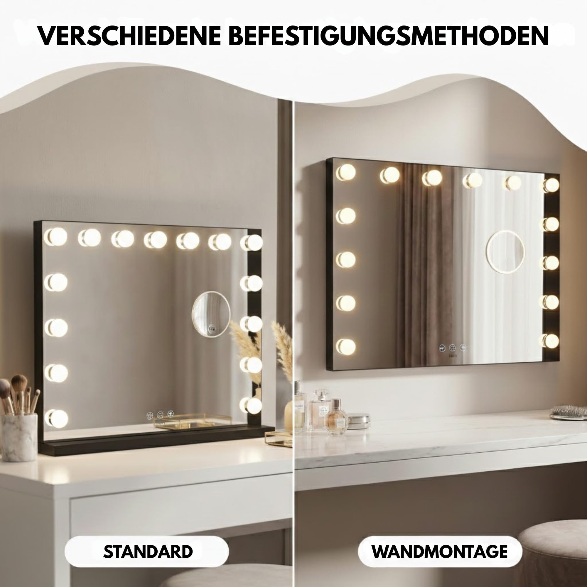 Bayt Schminkspiegel mit Beleuchtung 58x46 cm – Hollywood Kosmetikspiegel Schwarz | Tischspiegel Dimmbar mit 18 LED Lampen, 3 Lichtmodi & 10-Fach Vergrößerungsspiegel | Standspiegel für Schminktisch