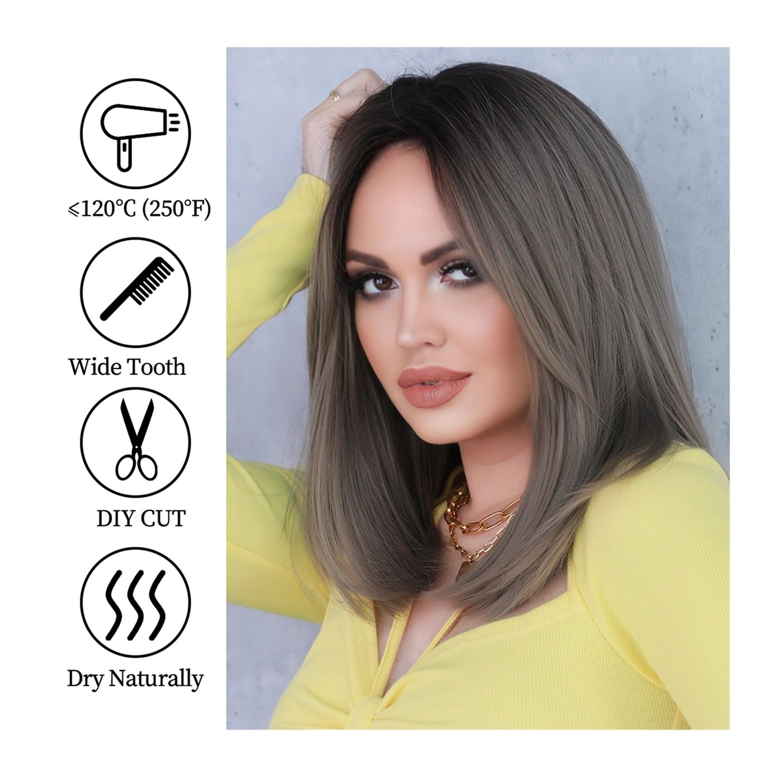 Parrucca Donna Parrucca in fibra sintetica resistente Cosplay Party Uso quotidiano Verde Grigio Parrucca da donna Lunghezza delle spalle Riga media Calore corto Parrucca Naturale