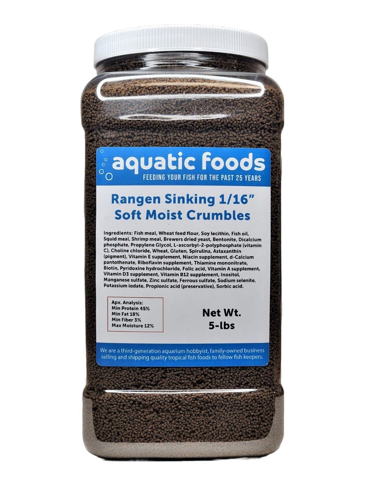 Aquatic Foods Inc. 1/16" Soft Moist Sinking Salmon Crumbles for Baby Axolotls, Shrimp, Snails, Crabs, Small Amphibians, Bottom Tropical Fish...5-lb Lg Jar