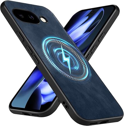 Magnetic Leather Case for Google Pixel 9a6.3 Inch, Compatible with Magsafe, Business Classic Style, Slim Anti-Fingerprint Shockproof Drop Protection Cover for Google Pixel 9a, Navy Blue