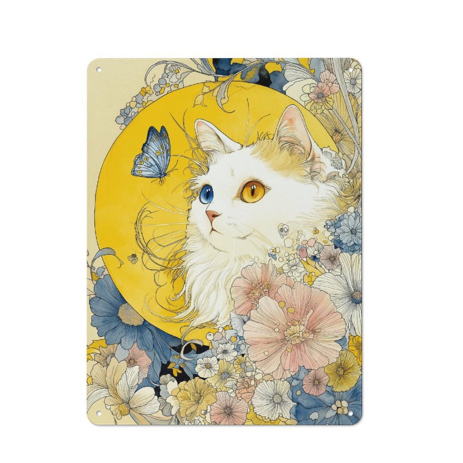 Junmoney Whimsical Feline & Floral Art Printed Metal Sign 40X30cm For Pub Or Café, With Clear Industrial Wall Decor Character