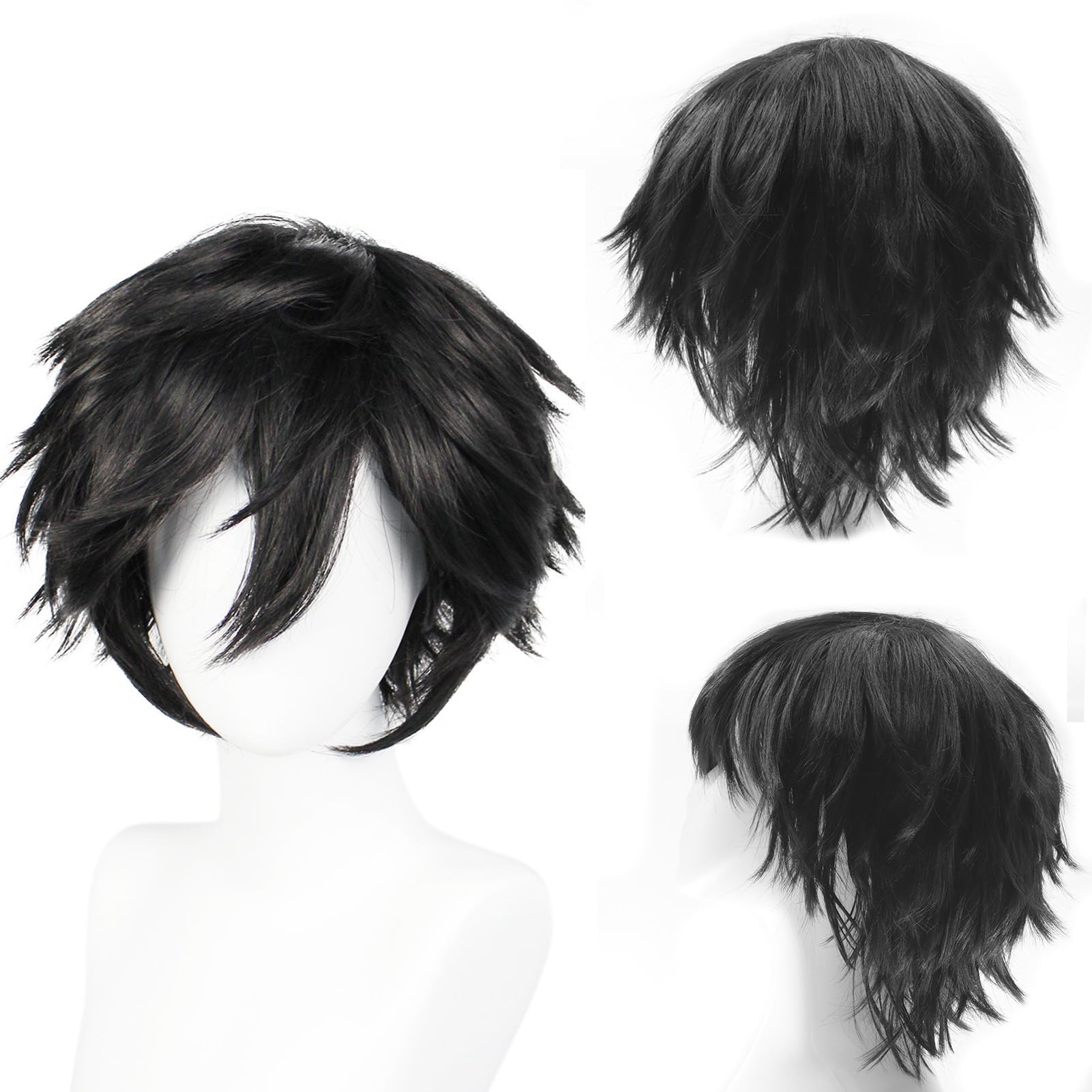 Dcbaboo Black Wig Short Curly Wig Men/Women Wigs Anime Cosplay Wig 12" Natural Fluffy Layered Straight Hair Unisex Halloween Wig Fancy Dress Synthetic Full Wig with Wig Cap : Amazon.co.uk: Beauty