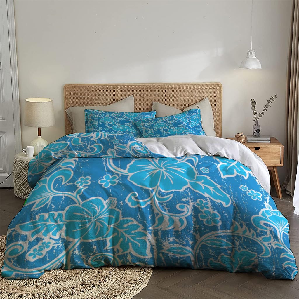 NIBAINLO 布団カバーライトブルーとダークブルーのハワイアンフローラルテーマ 肌に優しい ピーチスキン加工 掛け布団カバー 和式 洋式 あったか 布団カバーセット リバーシブル ホームステイ ホテル 家庭兼用