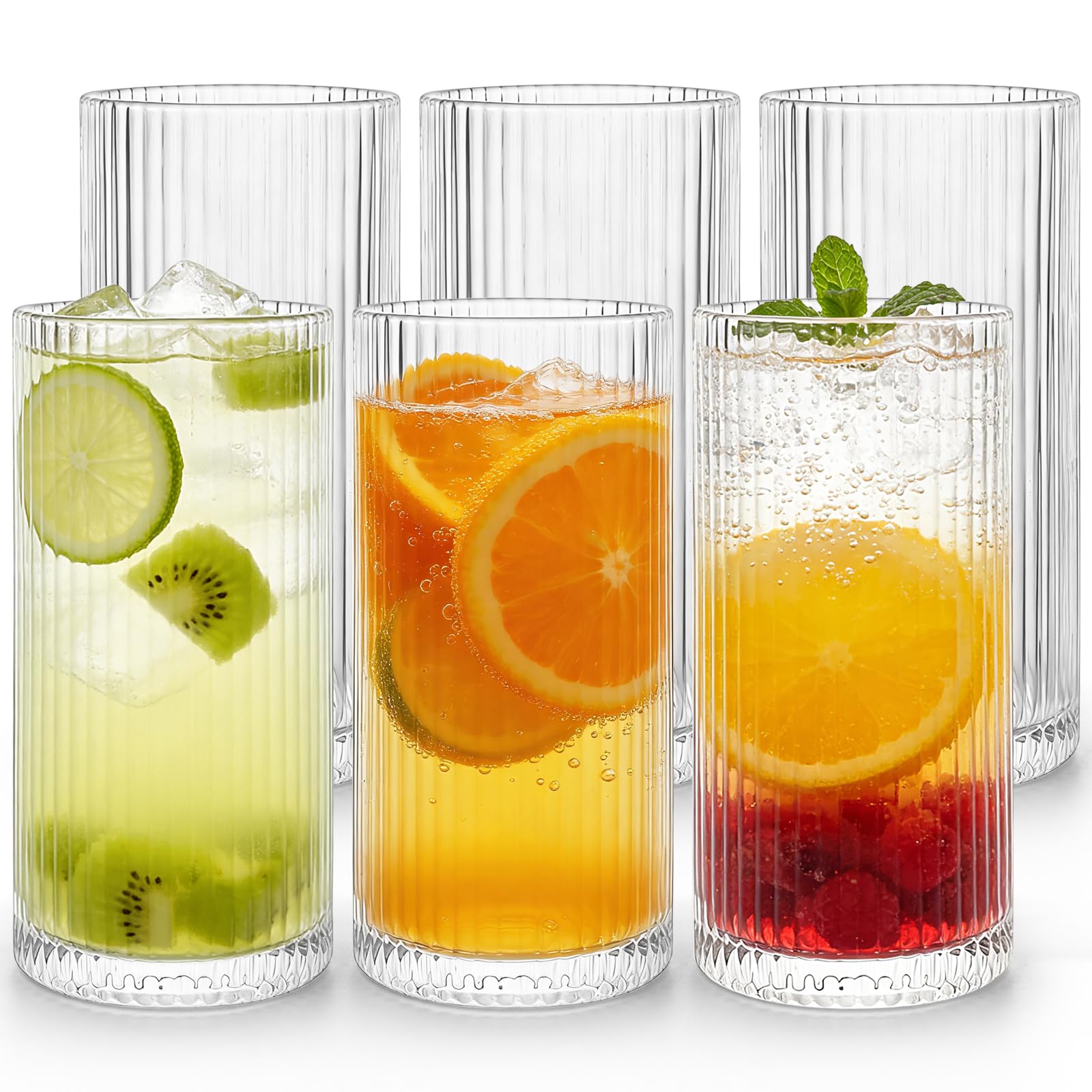 Wieat 350ml Ribbed Highball Glasses, Cocktail Drinking Glassware, Drinking Cups for Water, Coffee, Cocktail, Beer, Juice, Set of 6