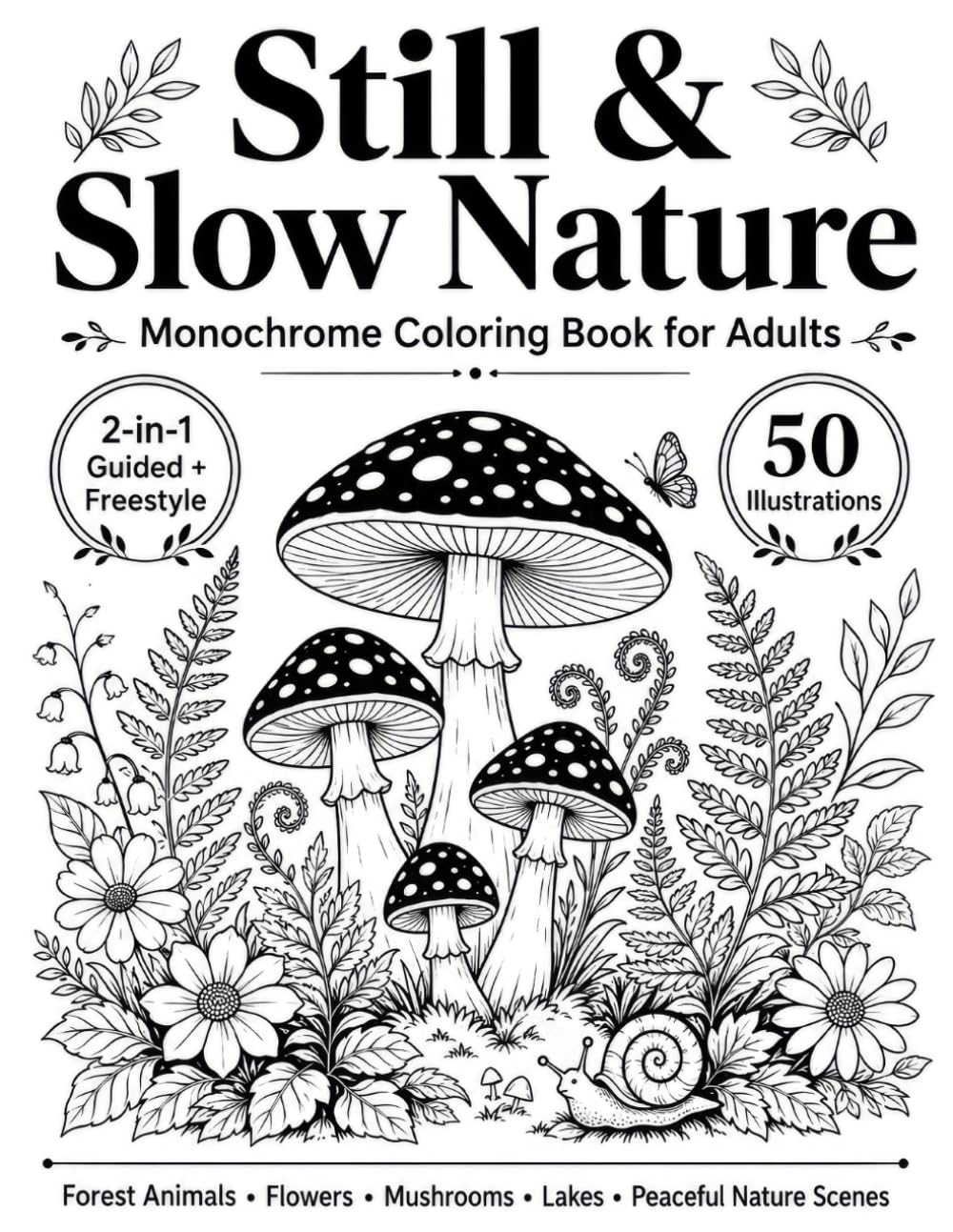 Still & Slow Nature Monochrome Coloring Book for Adults: 50 One Color Designs with 2-in-1 Guided & Freestyle Forest Animals, Flowers, Mushrooms, Lakes ... Scenes for Relaxation (One Color Escapes)