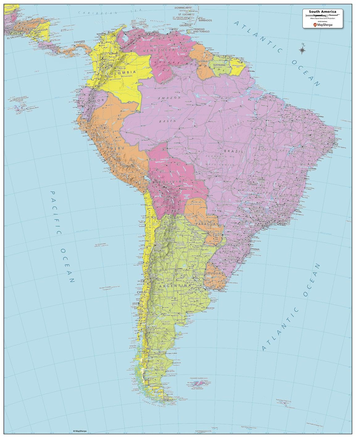 MapSherpa: South America Political Wall Map - 61 x 75 cm Poster - Art Quality Print on Polypropylene