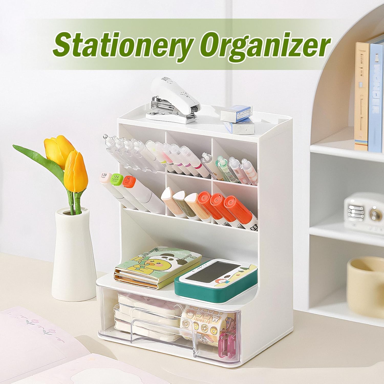 Organizer da scrivania, organizer per cancelleria con cassetti, portapenne, portapenne, organizer da scrivania, accessori da scrivania, portapenne per studio, casa, ufficio