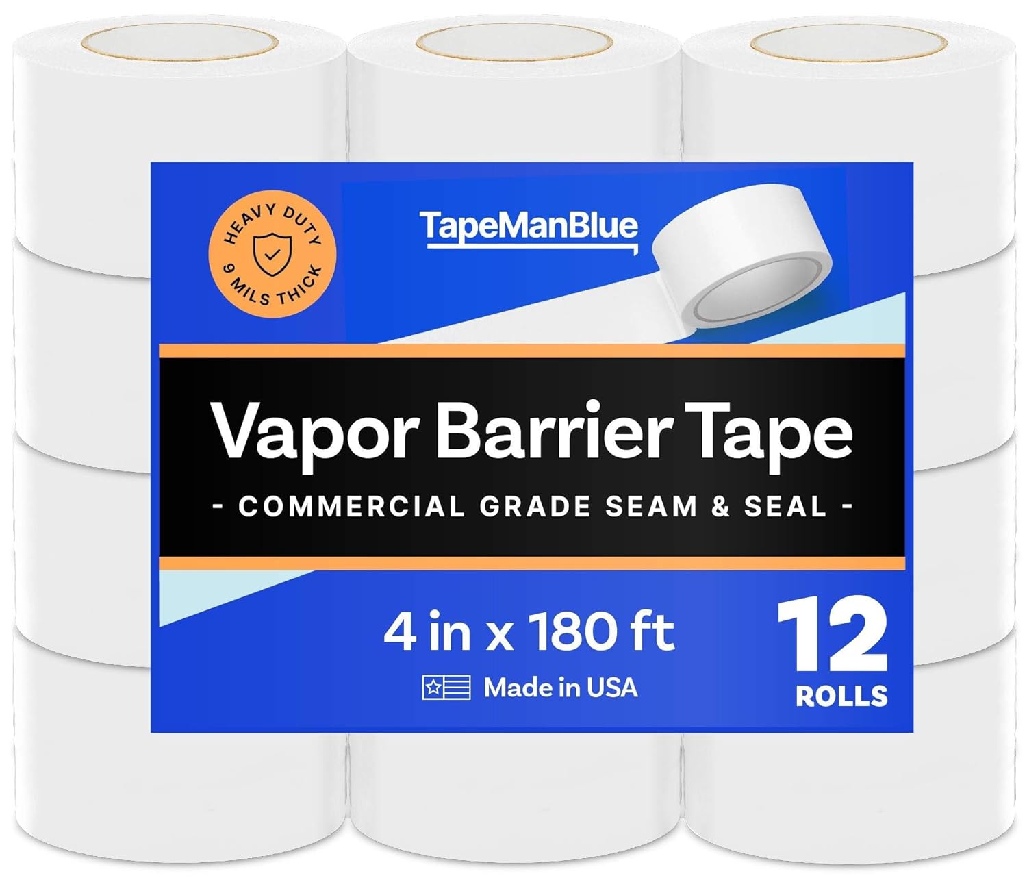 Vapor Barrier Tape - 4 inch x 180' Roll, Made in USA, White Polyethylene Tape for Crawl Spaces & Moisture Barriers, Waterproof Seal & Seam Tape for Underlayment, Insulation, and Plastic Liners (12)