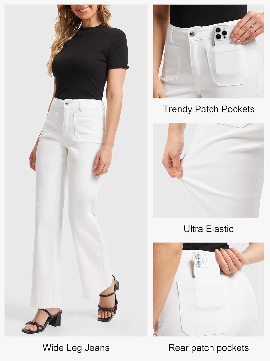 Tapata Women's 24/26 Petite Regular Wide Leg Jeans High Waisted Flare Stretchy Cropped Denim Pants Trendy Baggy Pockets - Image 6