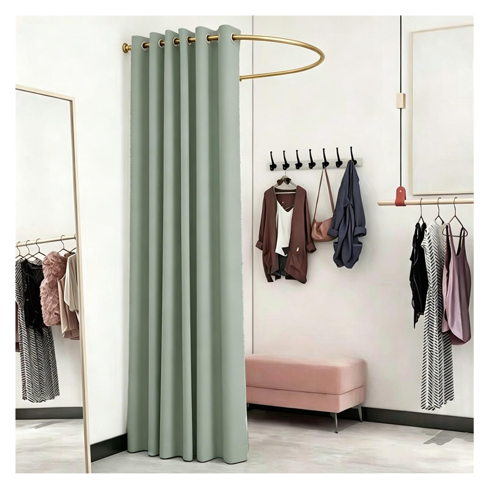 ZJKXJH U Shaped Fitting Room Curtain Rod with Blackout Curtain, Wall-mounted Changing Curtains for Small Spaces, Privacy Partition for Room Divider(Gold Rod+Green Curtain,110cm/43.3in)