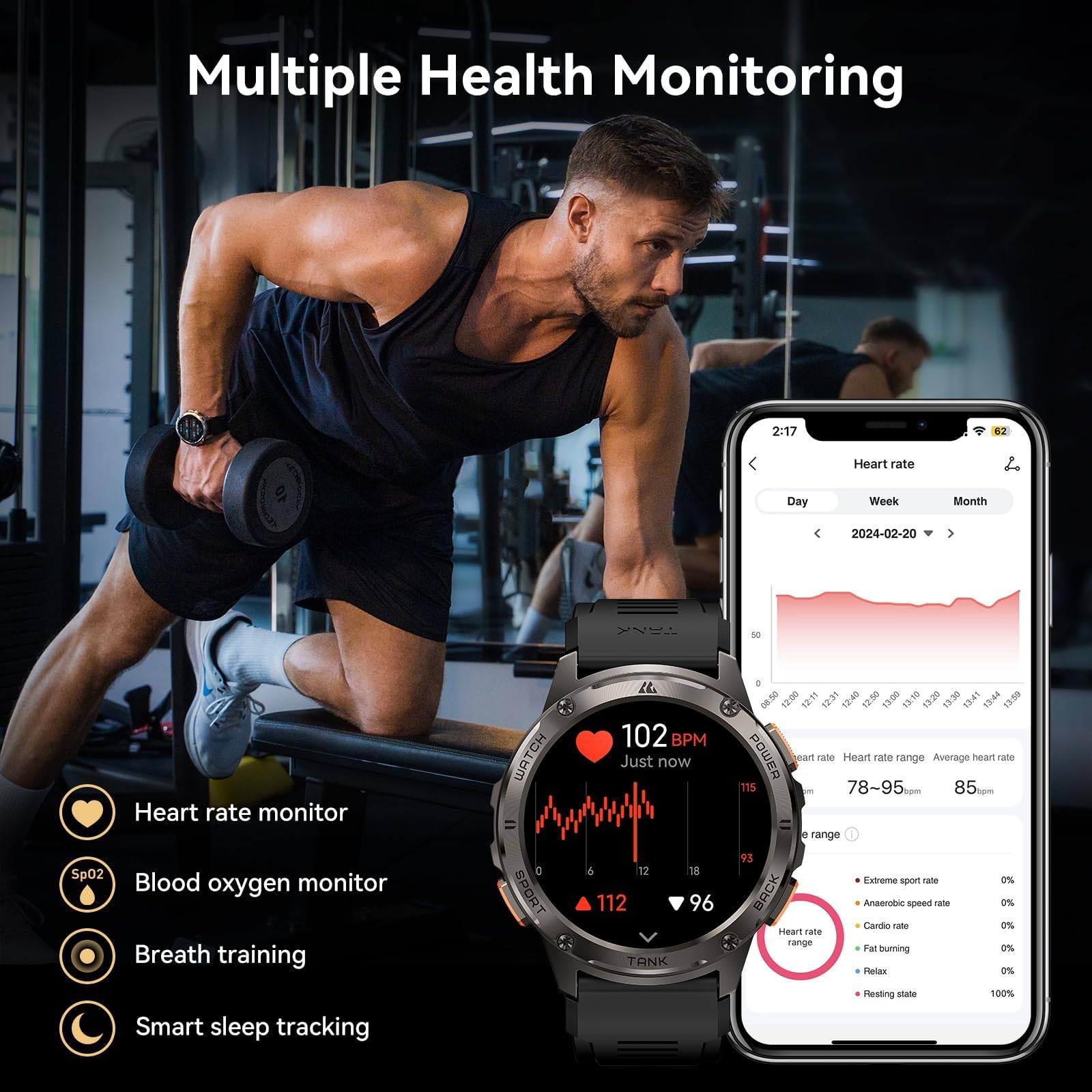 Relojes inteligentes para hombres, batería extra larga de 60 días, llamada Bluetooth militar resistente (contestación/llamadas de marcación), pantalla AMOLED Ultra HD de 1.43 pulgadas, reloj 7