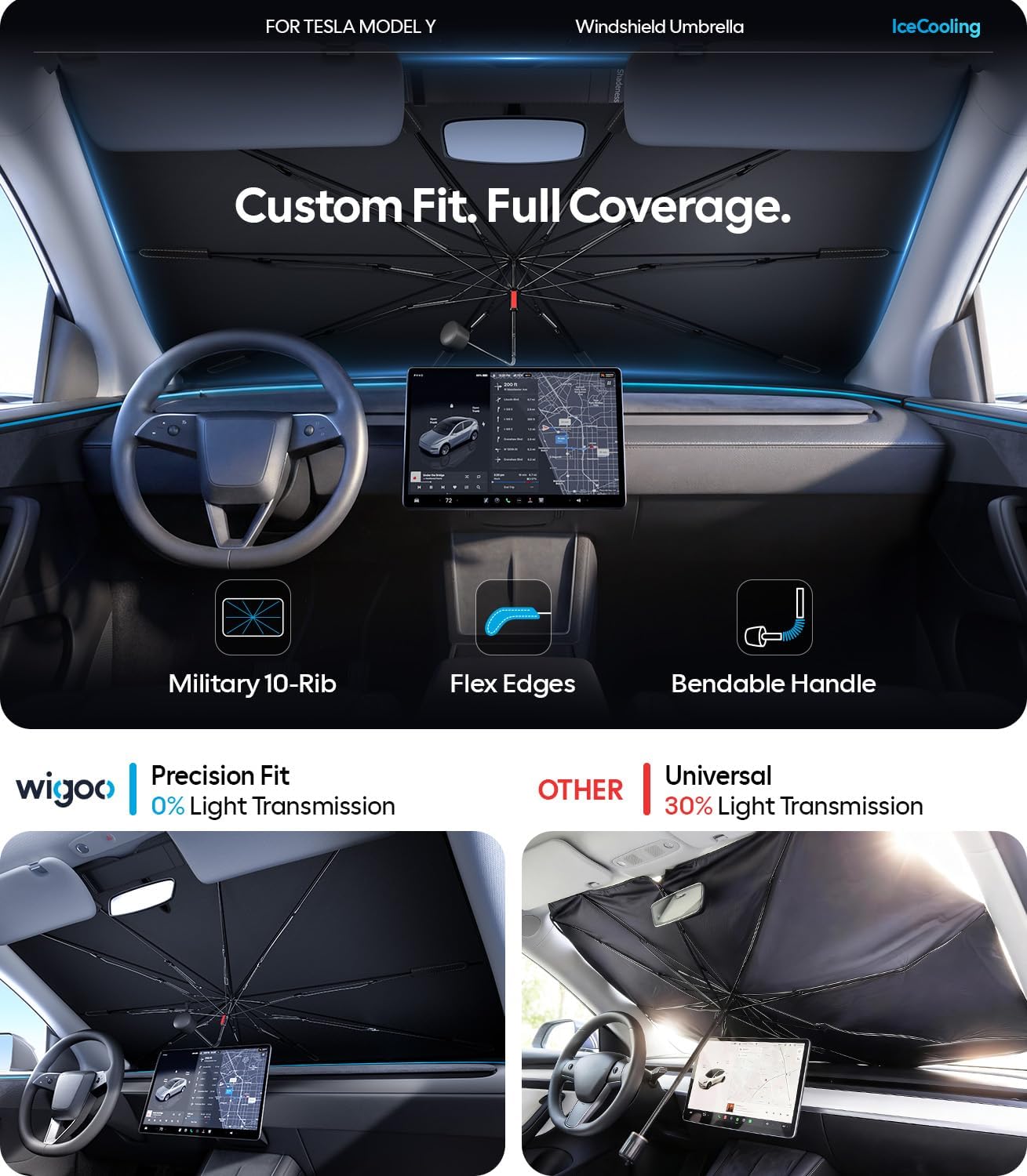 Wigoo Windshield Sun Shade Umbrella for Tesla Model Y [100% Sun Blockage, Ice Cooling Fabric] Reflective Heat Insulation, Foldable Front Window Sunshade Umbrella for Tesla Model Y 2020–2026 (Juniper)