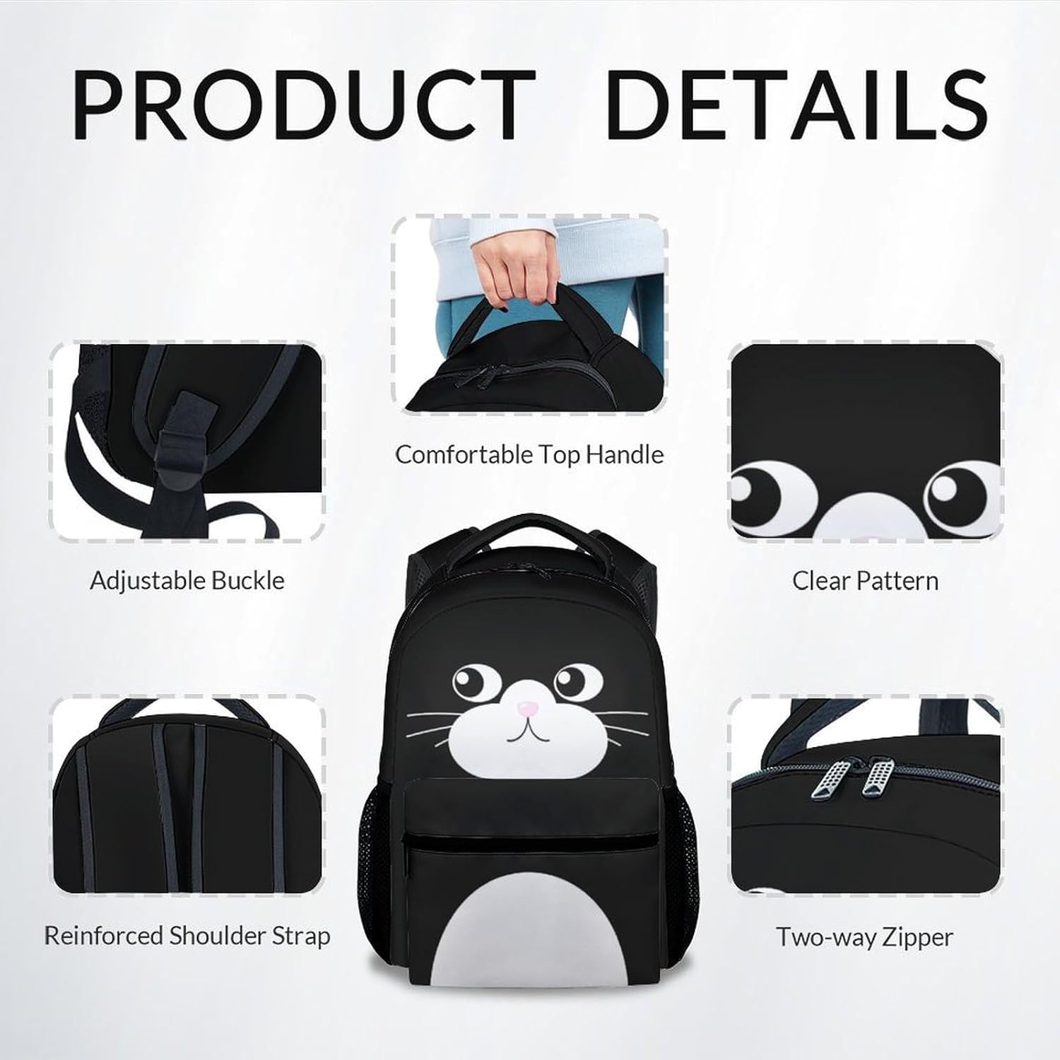 UNIKITTY Kids Backpack for Girls Boys, Cat Backpack, 17 Inch School Backpack, Black Cute Cat Bookbag with Adjustable Straps