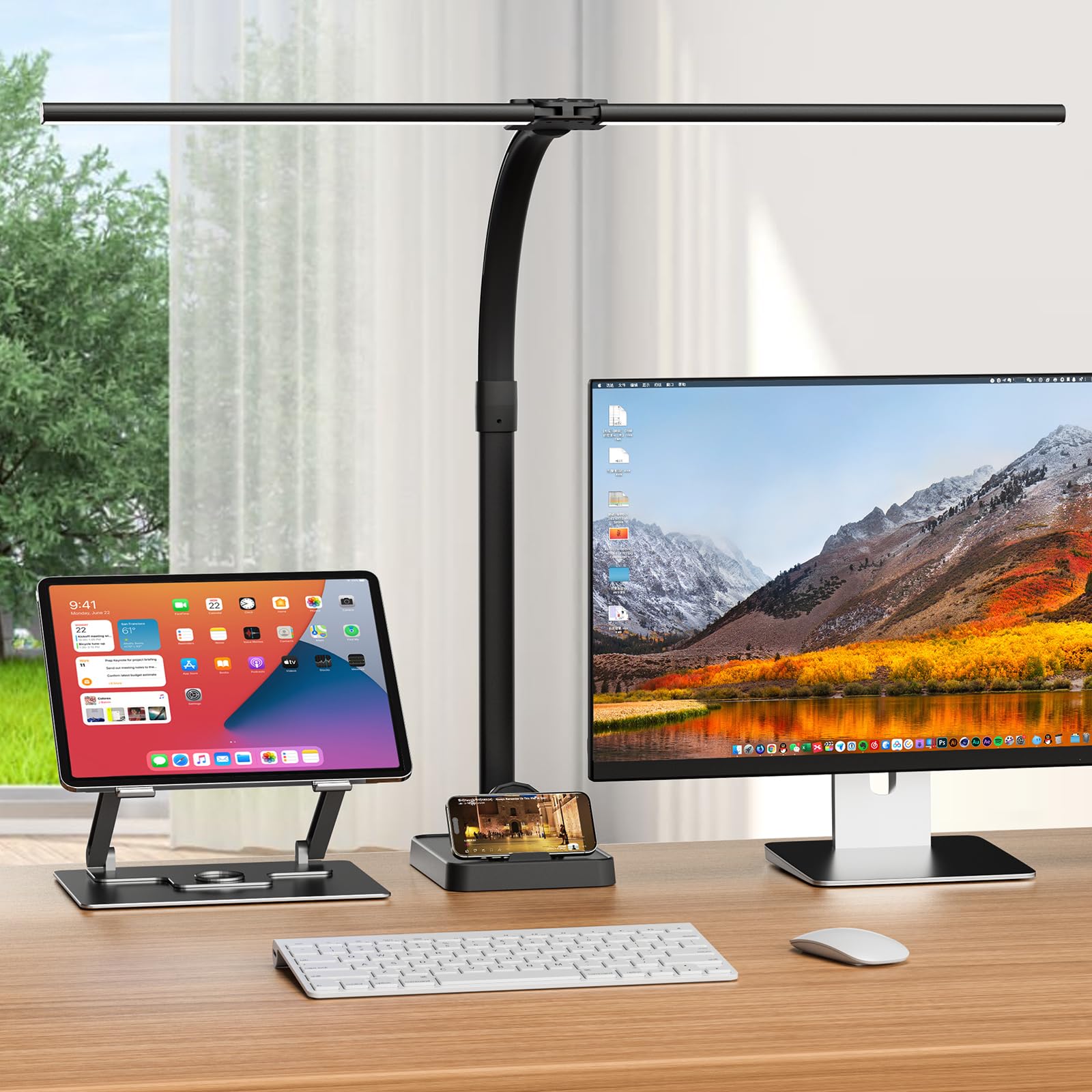 Lampada da scrivania a doppia testa a LED, dimmerabile, 24 W, 80 cm, con morsetto, a collo di cigno, per ufficio, per la protezione degli occhi, per