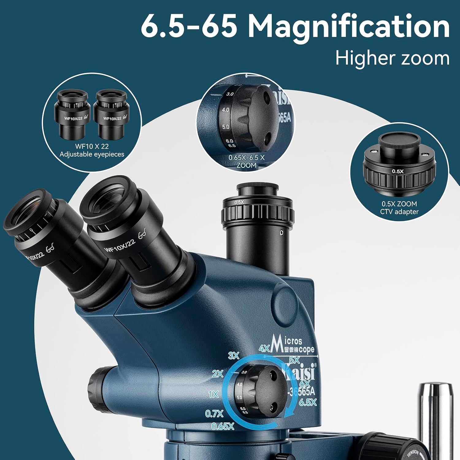 Kaisi Trinocular Stereo Microscope for Professional Repairer Soldering,6.5X-65X Magnification and Adjustable WF10x22 Eyepieces,Extra Large Silicone Working Table,Retractable Stand Zoom Microscope