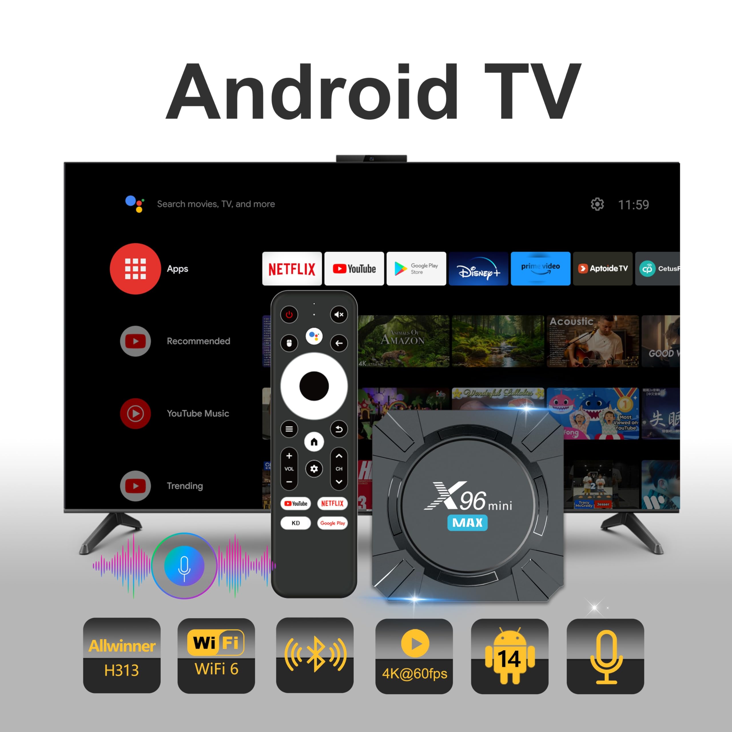 Android 14 TV Box 4K UHD, X96 Mini Max obudowa TV z WiFi 6, 2 GB RAM, 16 GB ROM, czterordzeniowy, Bluetooth, HDR10, asystent głosowy, odtwarzacz multimedialny, ultrapłynne przesyłanie strumieniowe