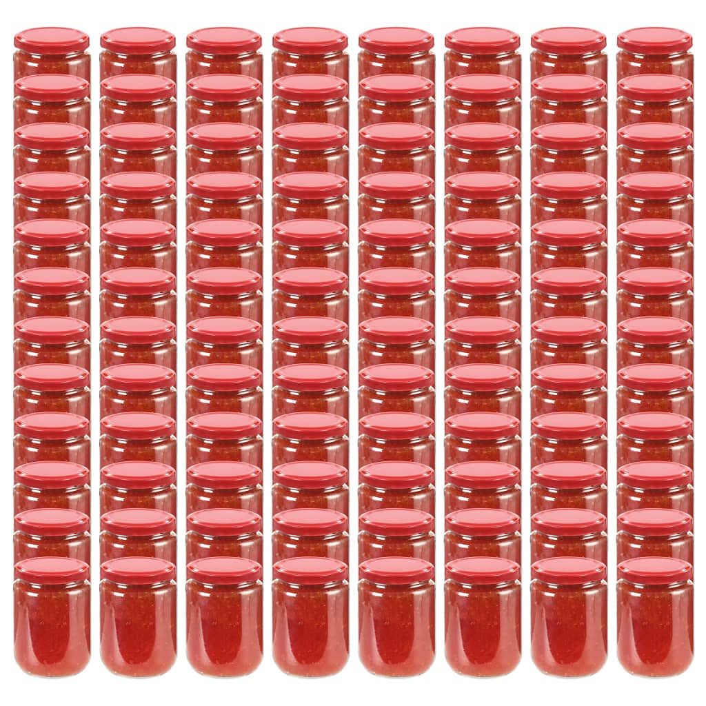Tarros De Mermelada De Vidrio con Tapas Rojas, Cierre Hermético y Boca Ancha, Tarros De Cristal con Tapa, Frascos De Vidrio con Tapa, Aptos Para Conservas y Utensilios Cocina, 230 ml, 96 Unidades