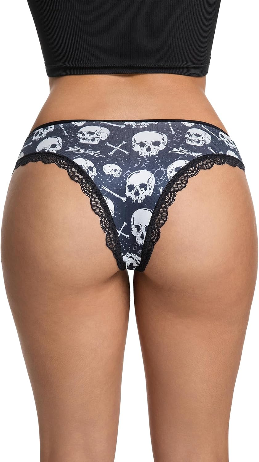 6-Pack Women's Gothic Low - Rise Hipster Panties with Contrast Lace Trim, Skull & Rose Prints for a Sexy Halloween Look - Image 7