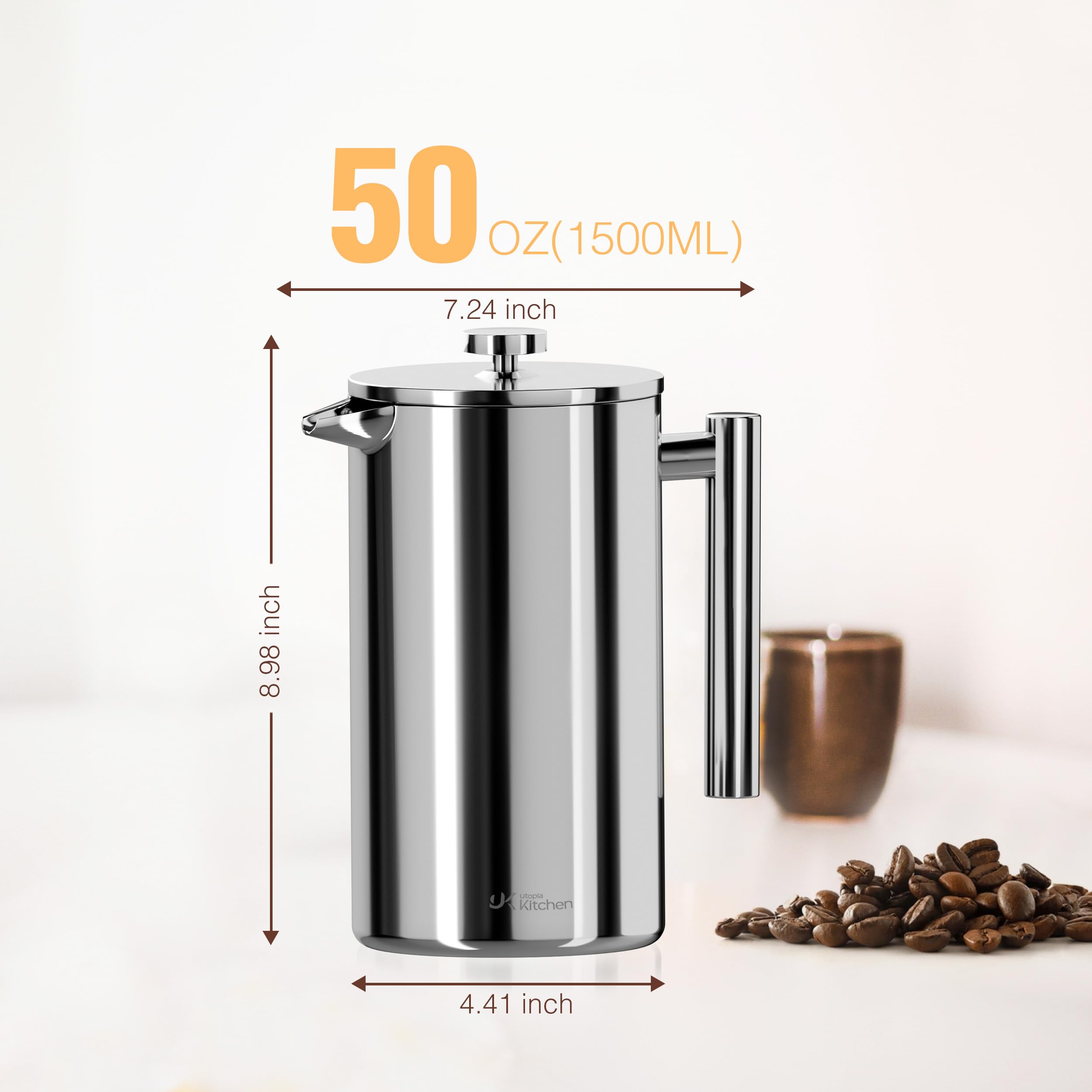 Utopia Kitchen Caffettiera francese in acciaio inossidabile 50 oz, caffettiera a stampa francese, caffettiera da viaggio portatile, pressa per tè da viaggio, regalo argento