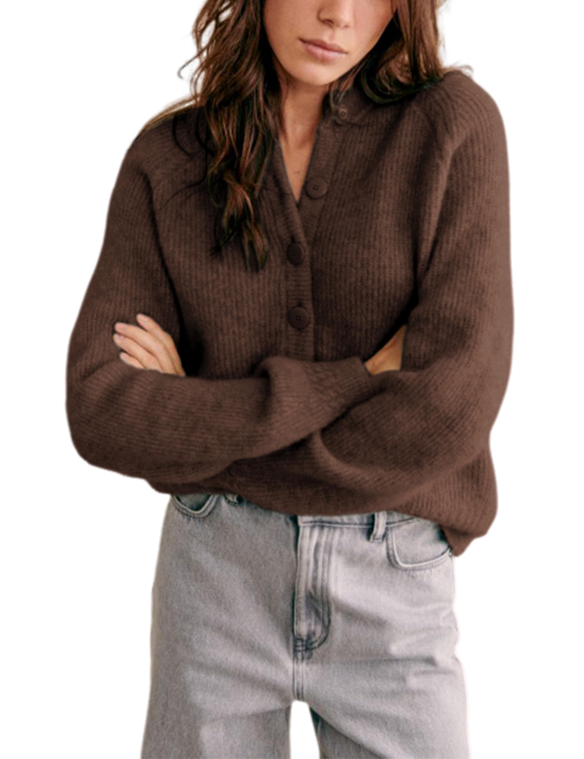 Bianstore Womens Casual Long Sleeve Crewneck Button Down Cardigan Chunky Knit Open Front Sweater Tops