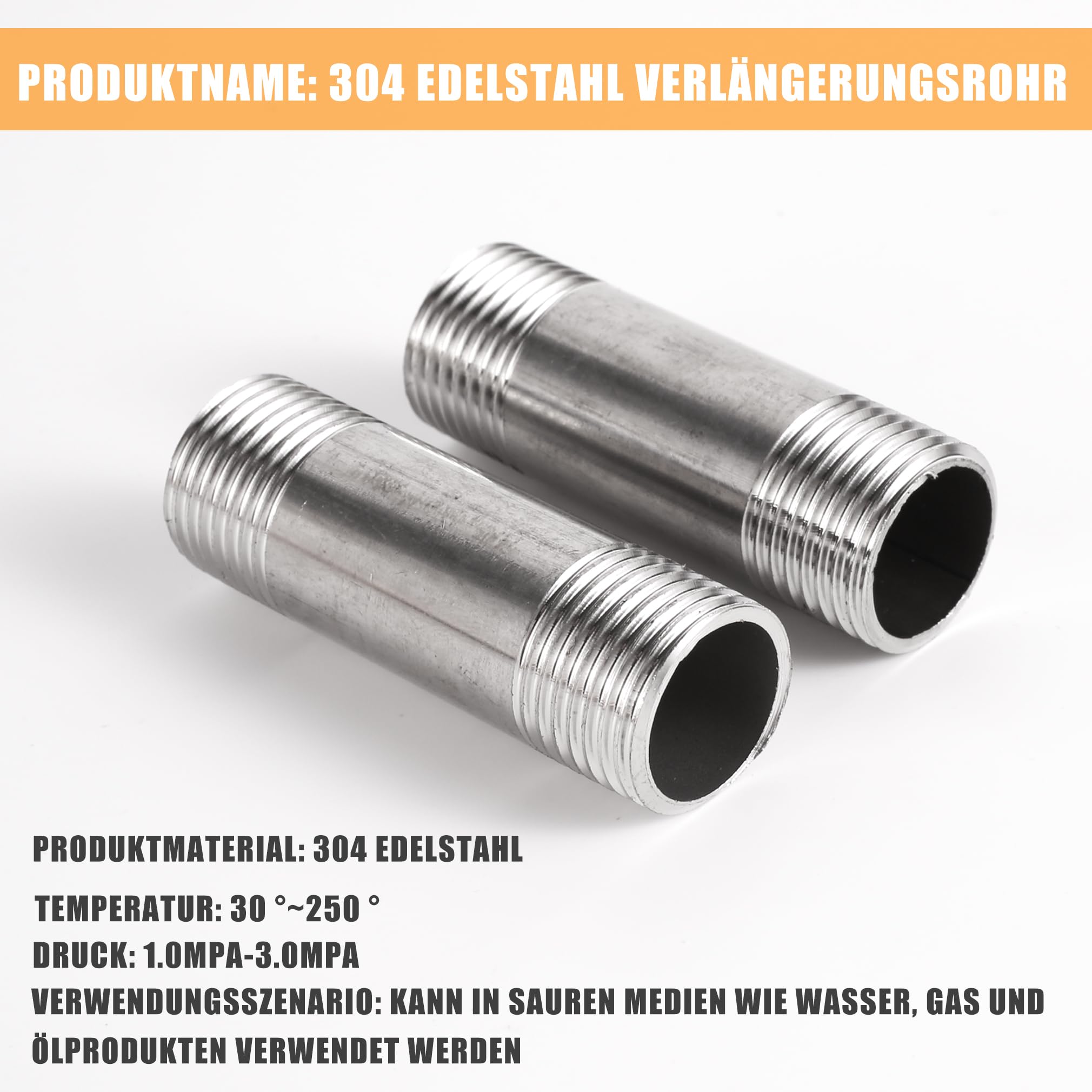 2 szt. rura przyłączeniowa ze stali nierdzewnej 1/2" z gwintem zewnętrznym 5~30 cm długości, opcjonalny przedłużacz drążka prysznicowego, adapter rury wodnej (30 cm x 1/2 cala)