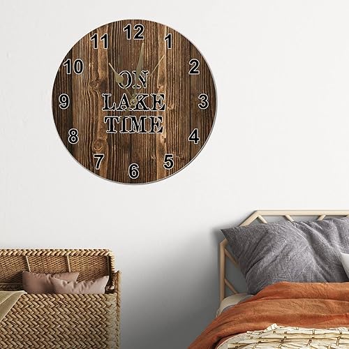 Miniatura 4 de On Lake Time - Reloj de pared de grano de madera marrón, reloj redondo de 12 pulgadas, funciona con pilas, sin tictac, con texto en inglés "She