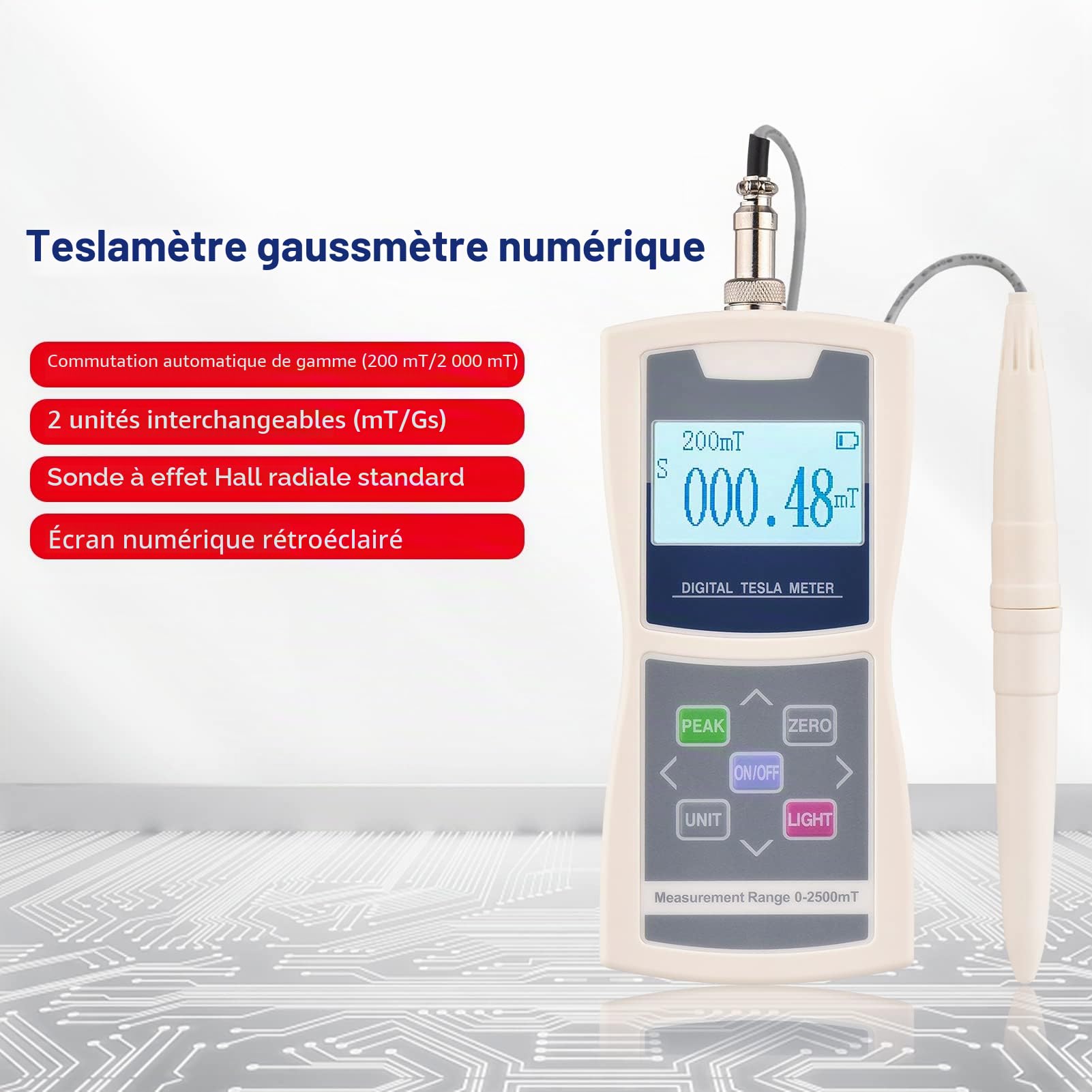 Tesla Test Meter, Portable Gauss Meter, 200mT/2000mT Automatic Range Switching, High Accuracy Surface Sensitive Magnetic Field Tesester with Standard Radial Hall Probes