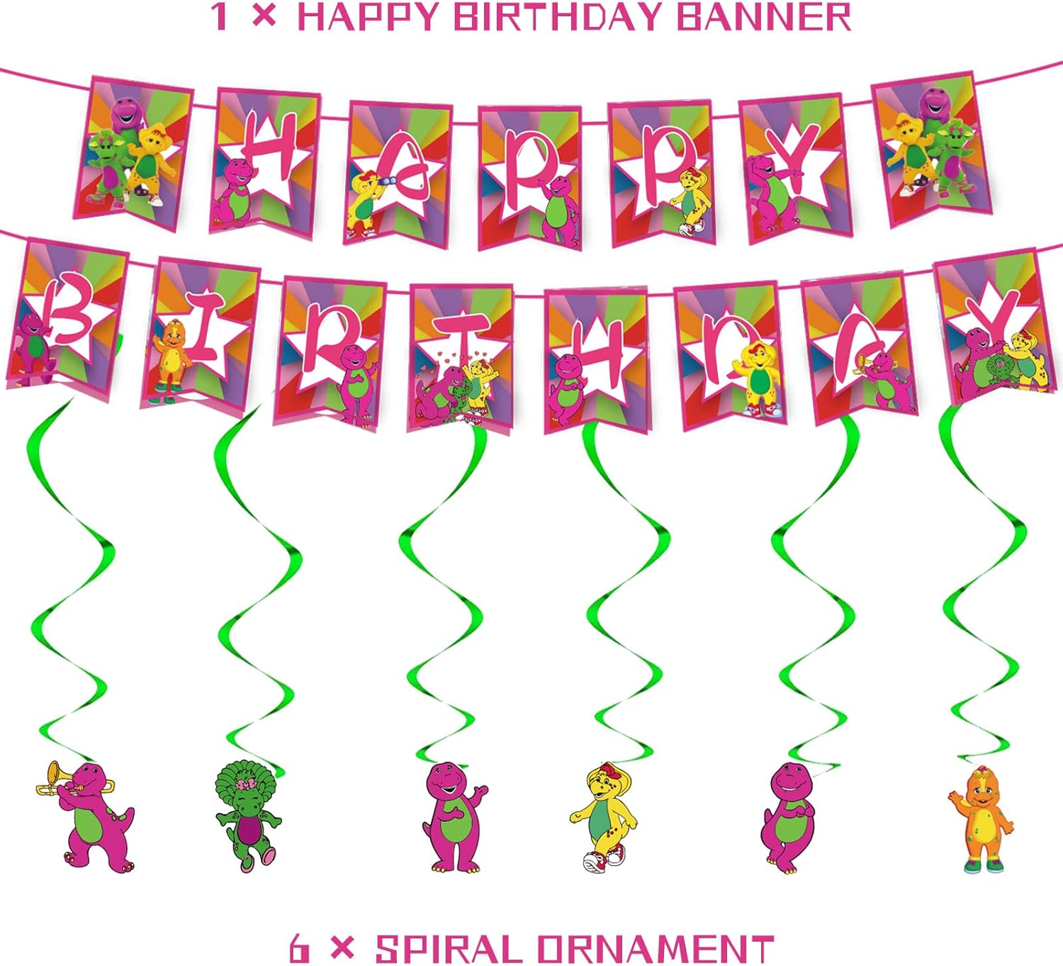 Barney Birthday Party Decoration, Include Barney Happy Birthday Banner, Hanging Swirls, Cake Topper, Latex Balloons, for Barney and Friends Theme Kids Party Supplies