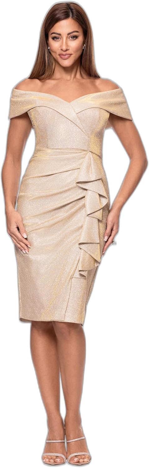 Xscape Womens Xscape Women's Galaxy Glitter Sweetheart Neck Off The Shoulder Ruffle Knee Length Dress