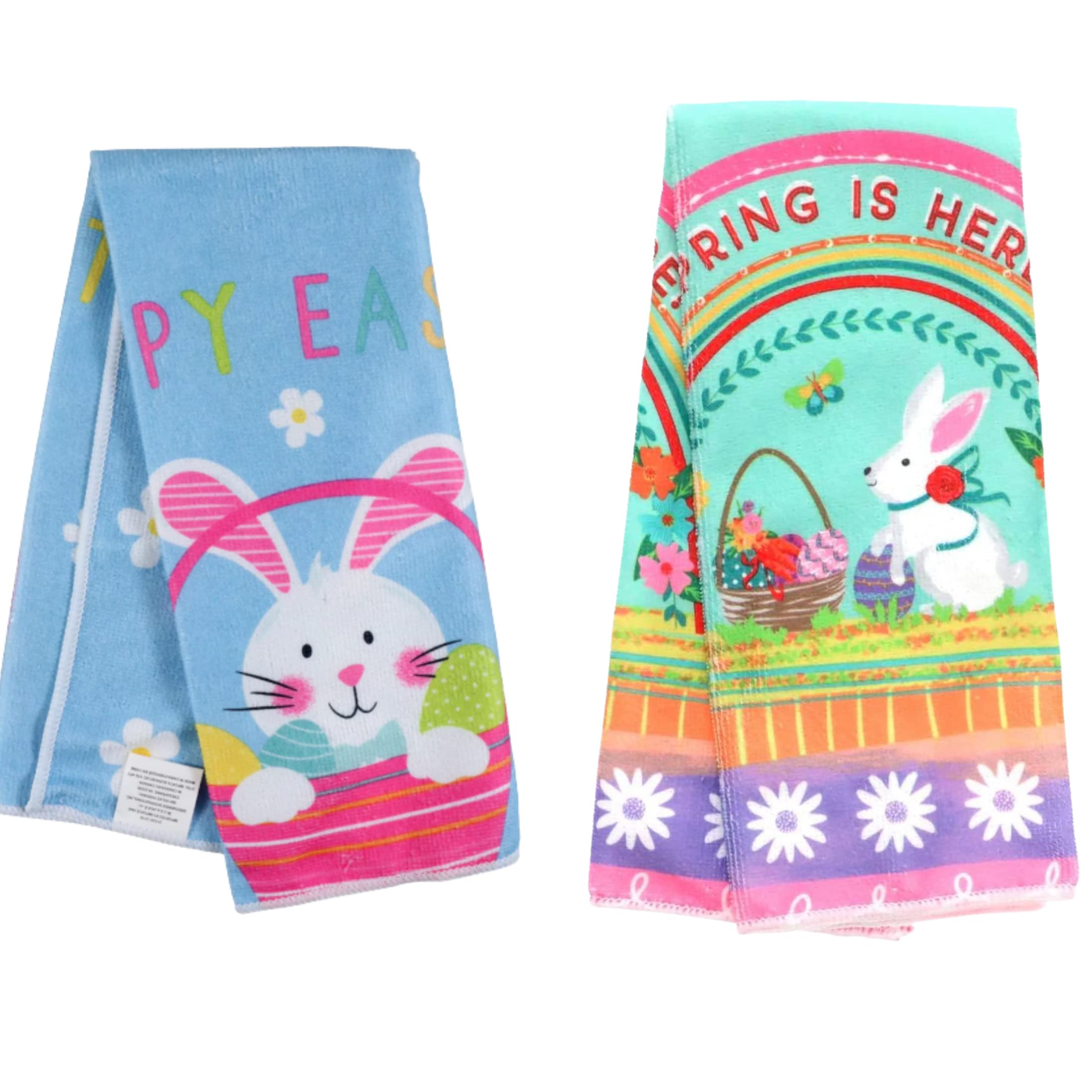 KRE Polyester Easter Themed Kitchen Towel 6x12 Inches Spring is Here and Happy Easter Themed Hand Dish Kitchen Bathroom Tea Bar Display Decorative Spring Easter Holidays Pack of 2 with Bonus Yaqio