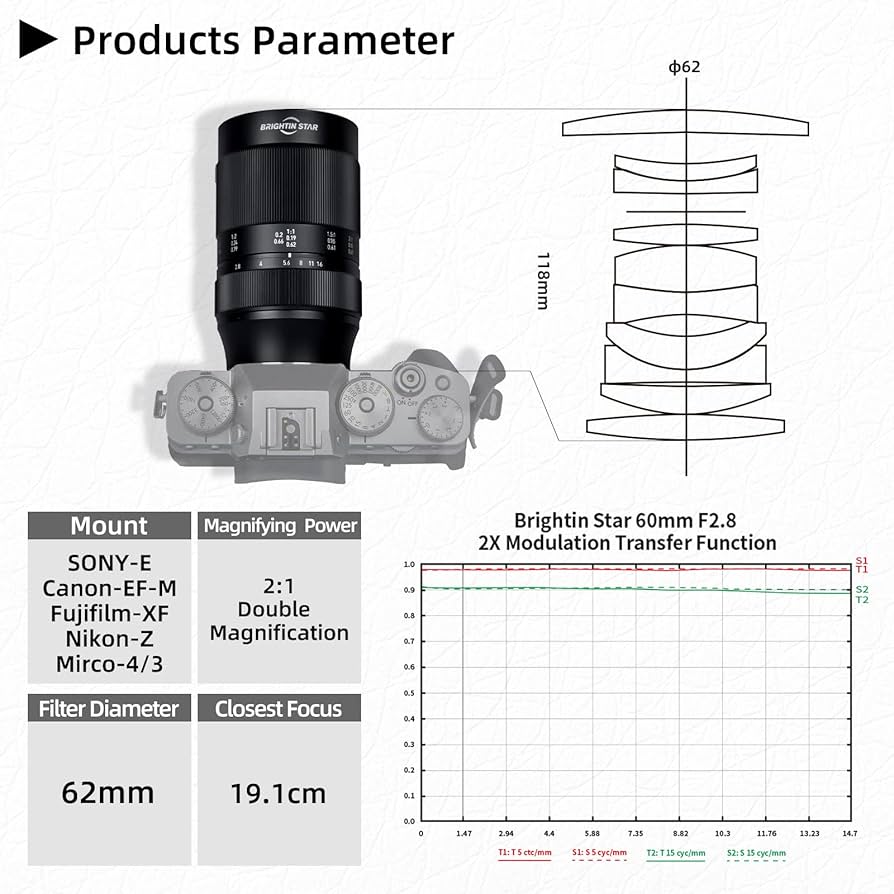Brightin Star 60 mm F2.8 2X Lente Macro Manual Focus Prime