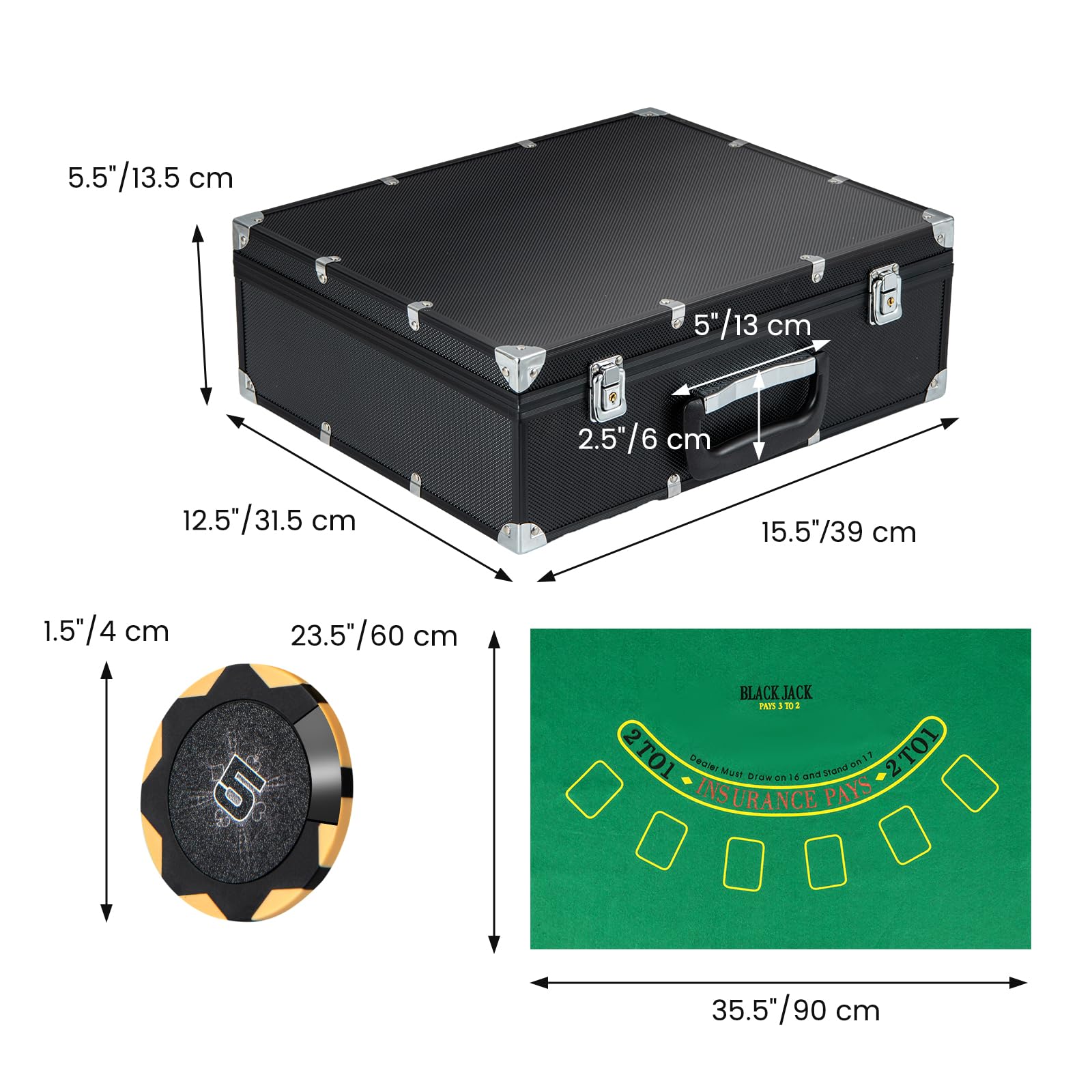 GYMAX Set di 300 Fiches da Poker da Casinò, con Valigetta da Viaggio, 2 Mazzi di carte, 5 Dadi e 3 Bottoni del Dealer, Tappetino da Poker, Mescolatore Automatico di Carte, Mazziere di Poker
