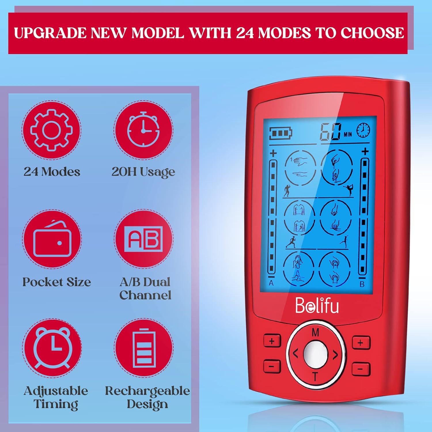 Icons representing key features: 24 modes, 20H usage, pocket size, A/B dual channel, adjustable timing, rechargeable design