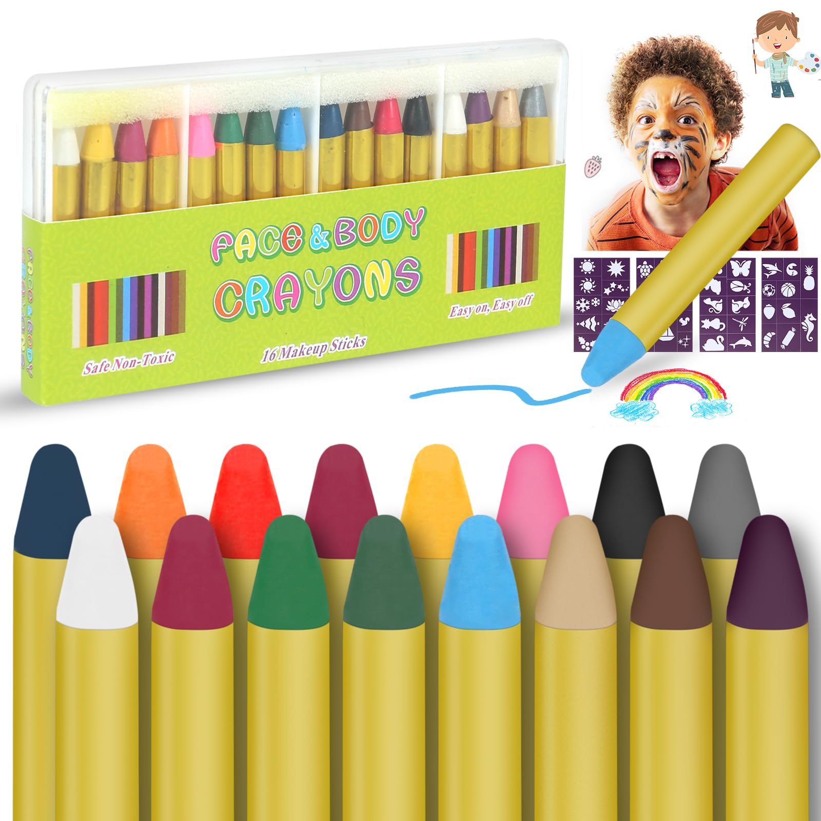 GLEEMEN Pintura de Cara para Niños, Seguridad No Tóxica Pintura Facial, Lavable, Pintura Corpora, Crayones de Maquillaje Ideal para Halloween Navidad Cosplay Fiesta Party (16 Colores)