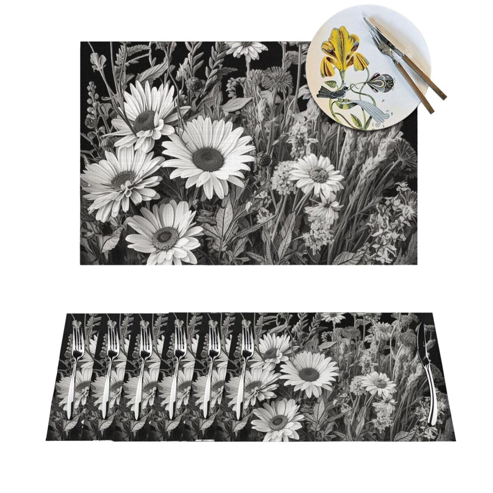 Sets de table fleurs noires et blanches pour une décoration de cuisine moderne et lavable