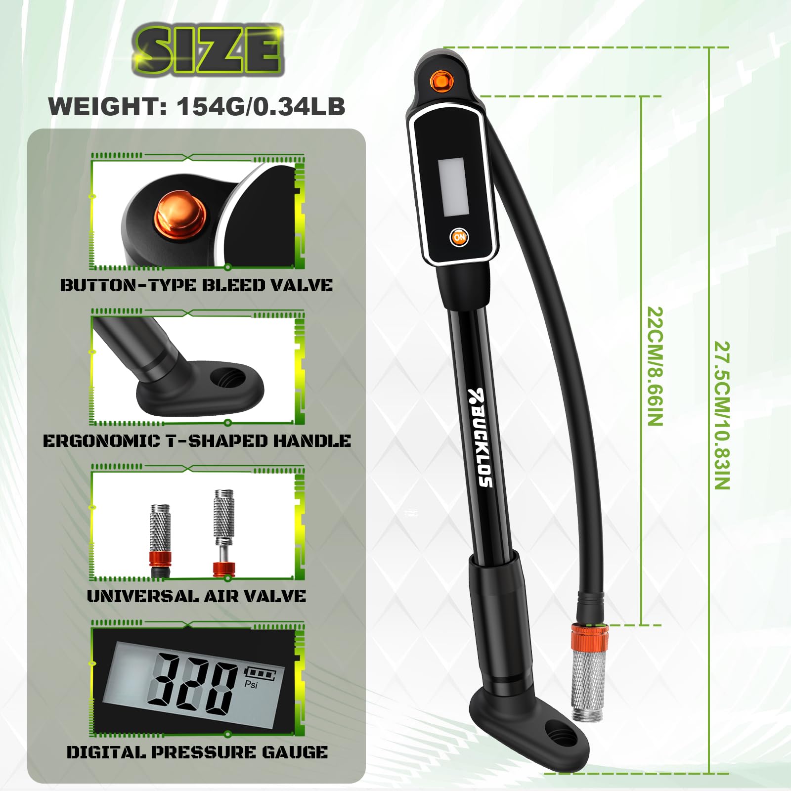 BUCKLOS Bike Shock Pump Mountain Suspension Air Fork Rear Shock 320Psi Digital Gauge Bicycle Tire Pump Scharder Presta Valve for MTB/Road Bikes Handheld Accessories Tool