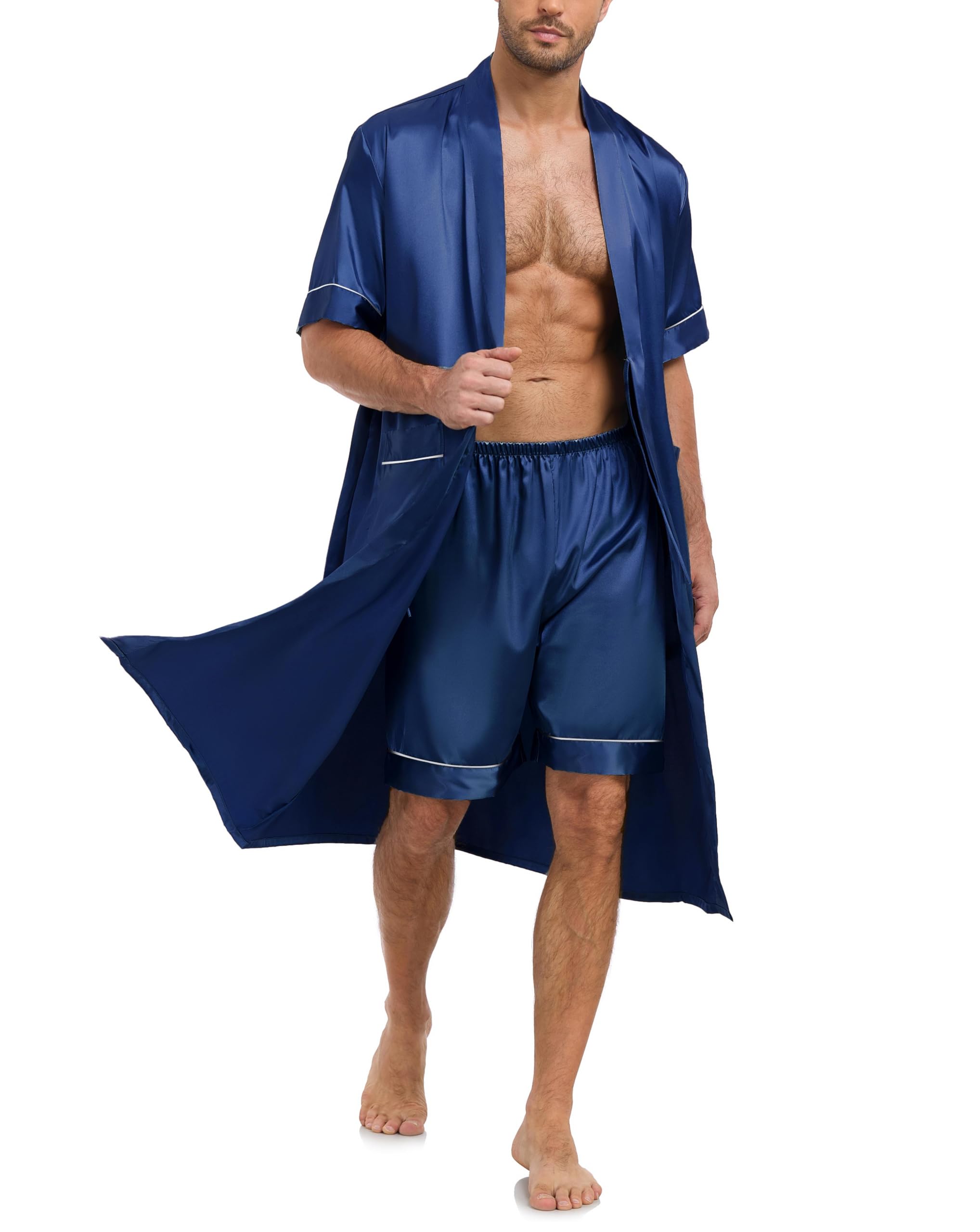 Men's Kimono Robe with Shorts 2 Pieces Silky Pajama Set Lightweight Satin Bathrobe Soft Sleepwear-image-14