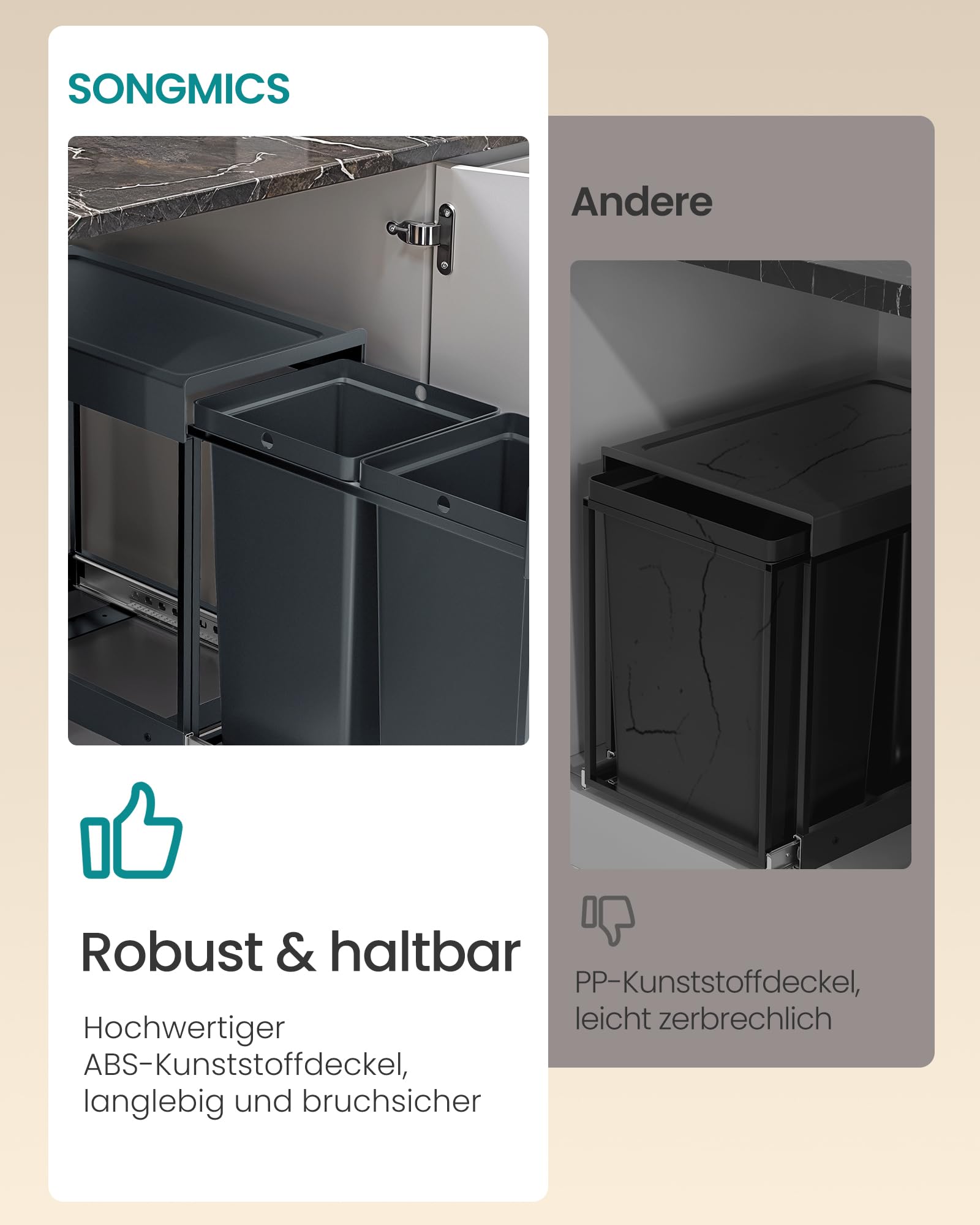 SONGMICS Mülleimer küche 2 x 20 L ausziehbar Mülltrennsystem Stahlrahmen grau
