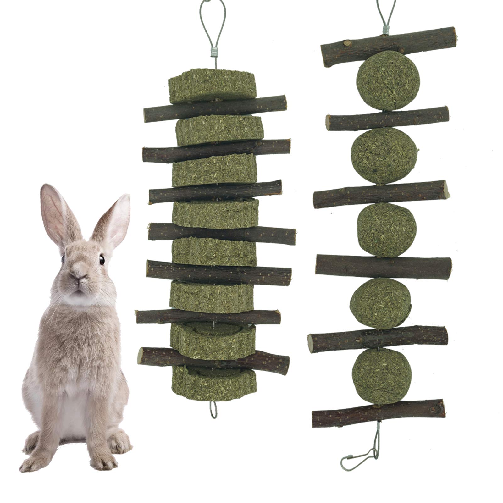 Natural Rabbits Treats Aple Branches pple Sticks with Timothy Hay Balls Grass Cake Hanging Chew Toys for Hamsters,Bunny, Chinchilla,Guinea Pigs