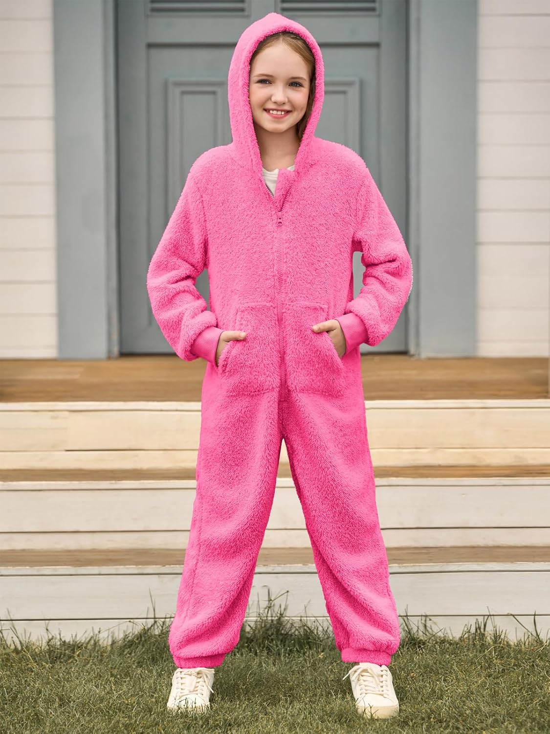 rrhss Girls Fleece Onesie Pajamas Kids Zip Up Hooded Blanket Sleeper with Pockets 5-14 Years - Image 4