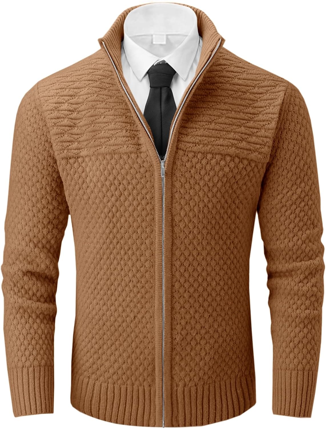 Runcati Mens Zip Up Cardigan Sweater Casual Stand Collar Textured Knit Ribbed Chunky Sweaters - Image 5